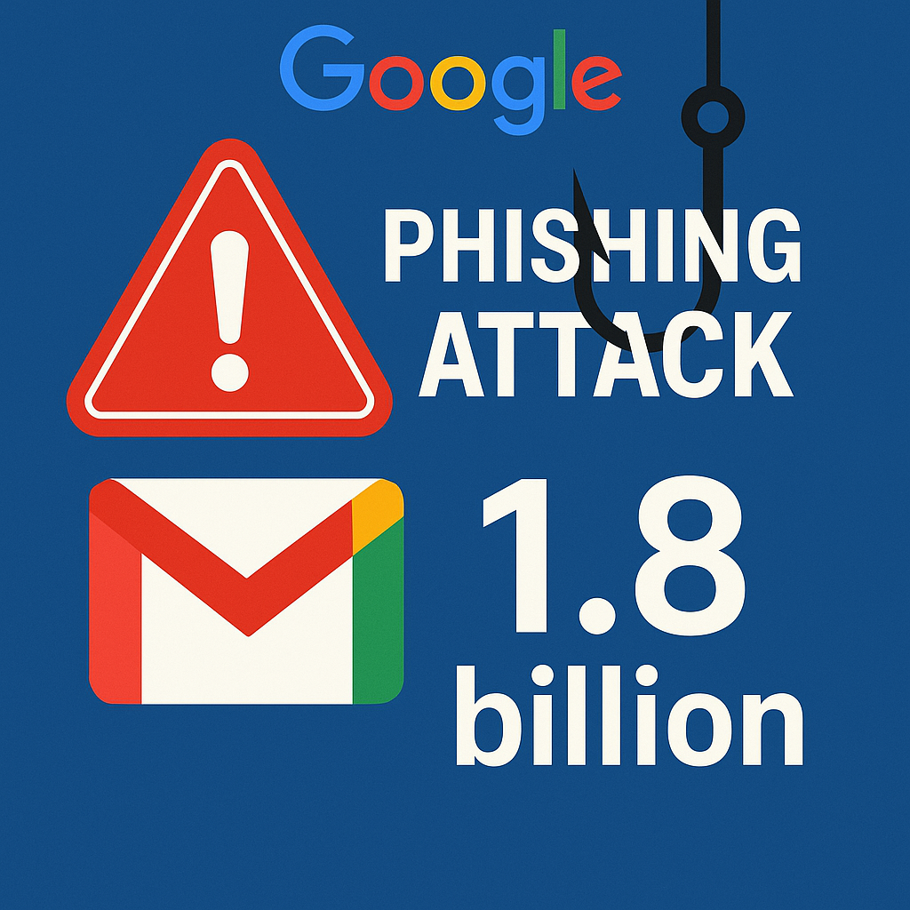 تحذير من هجوم تصيّد إلكتروني استهدف 1.8 مليار مستخدم جيميل، يظهر شعار غوغل، رمز تنبيه أحمر، شعار جيميل وخطاف تصيّد