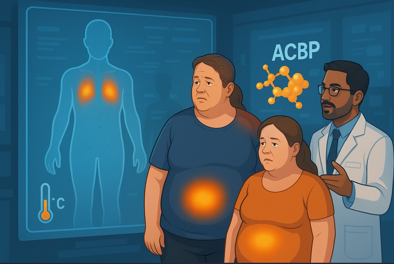  رسم رقمي توضيحي لطبيب يشرح تأثير بروتين ACBP على نشاط الدهون البنية لزوجين يعانيان من السمنة، مع خريطة حرارية للجسم في الخلفية 