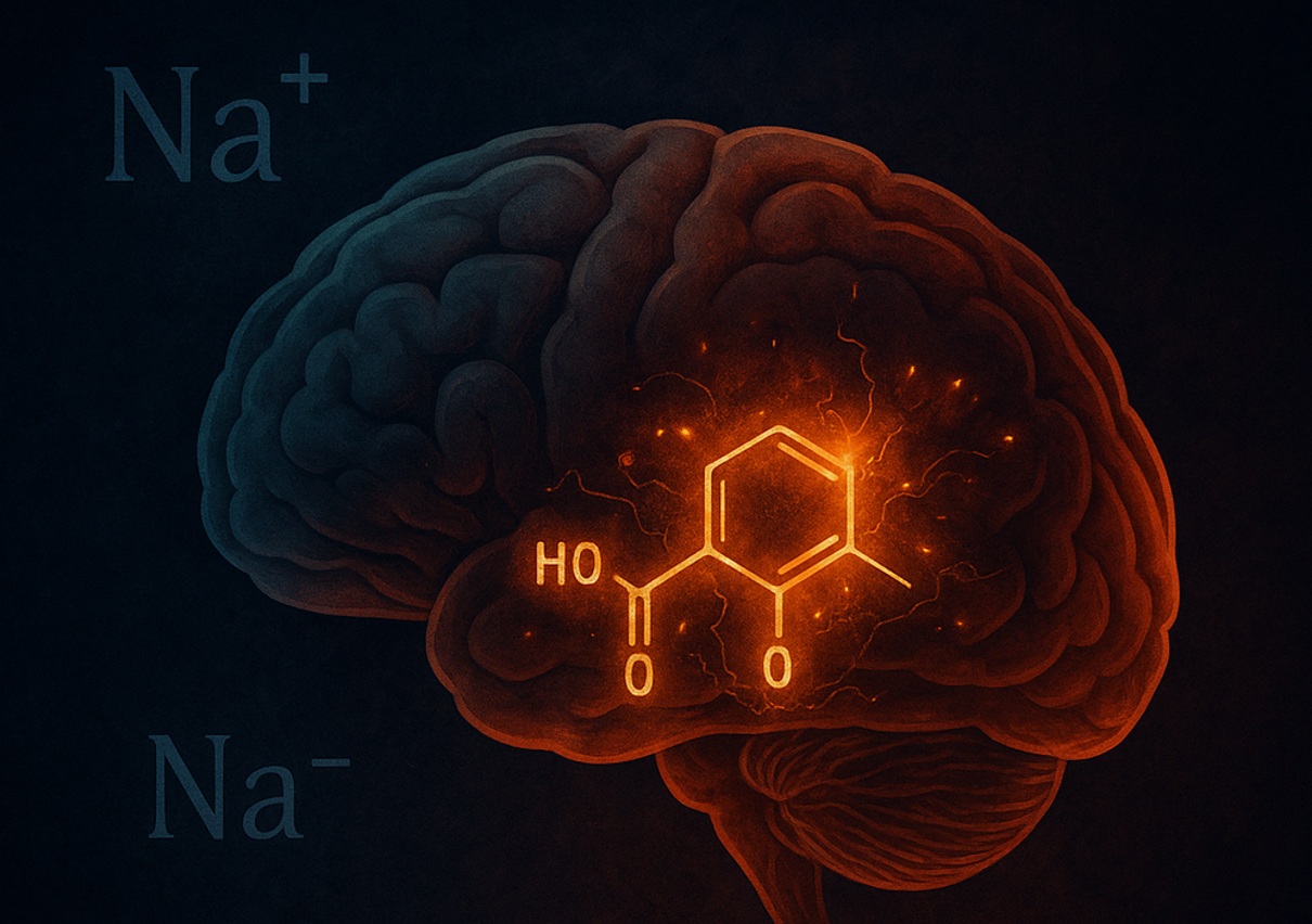 صورة توضح تأثير نقص الصوديوم المزمن على كيمياء الدماغ في منطقة اللوزة الدماغية، مما يسبب القلق واضطرابات المزاج