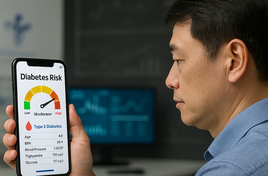 رجل ياباني في الأربعينات ينظر إلى هاتف ذكي يعرض تطبيقاً لتقييم خطر الإصابة بمرض السكري من النوع الثاني، مع مؤشر خطر ملون، في بيئة طبية حديثة.